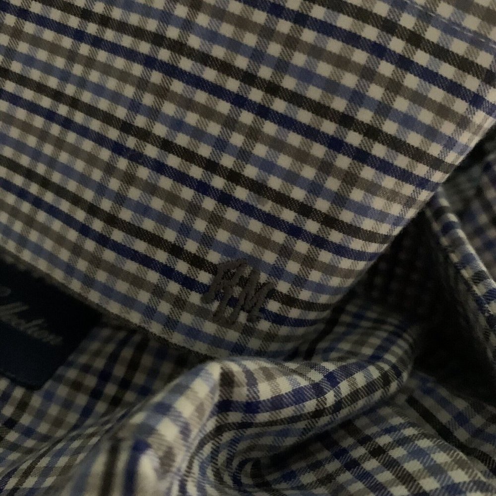 Executive Tom James Men XL Long Sleeve Button Front Shirt Blue Brown Micro Check - Picture 7 of 7
